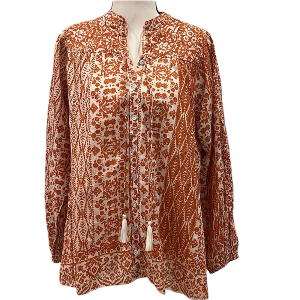 LOVE KYLA Henri Top Tunic Cotton Voile Small Pumpkin Rust Cream Boho